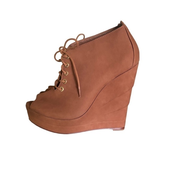 DVF Diane Von Furstenburg Payton Sandlewood Tan Peep Toe Wedge Sandal 7.5 - Picture 2 of 9